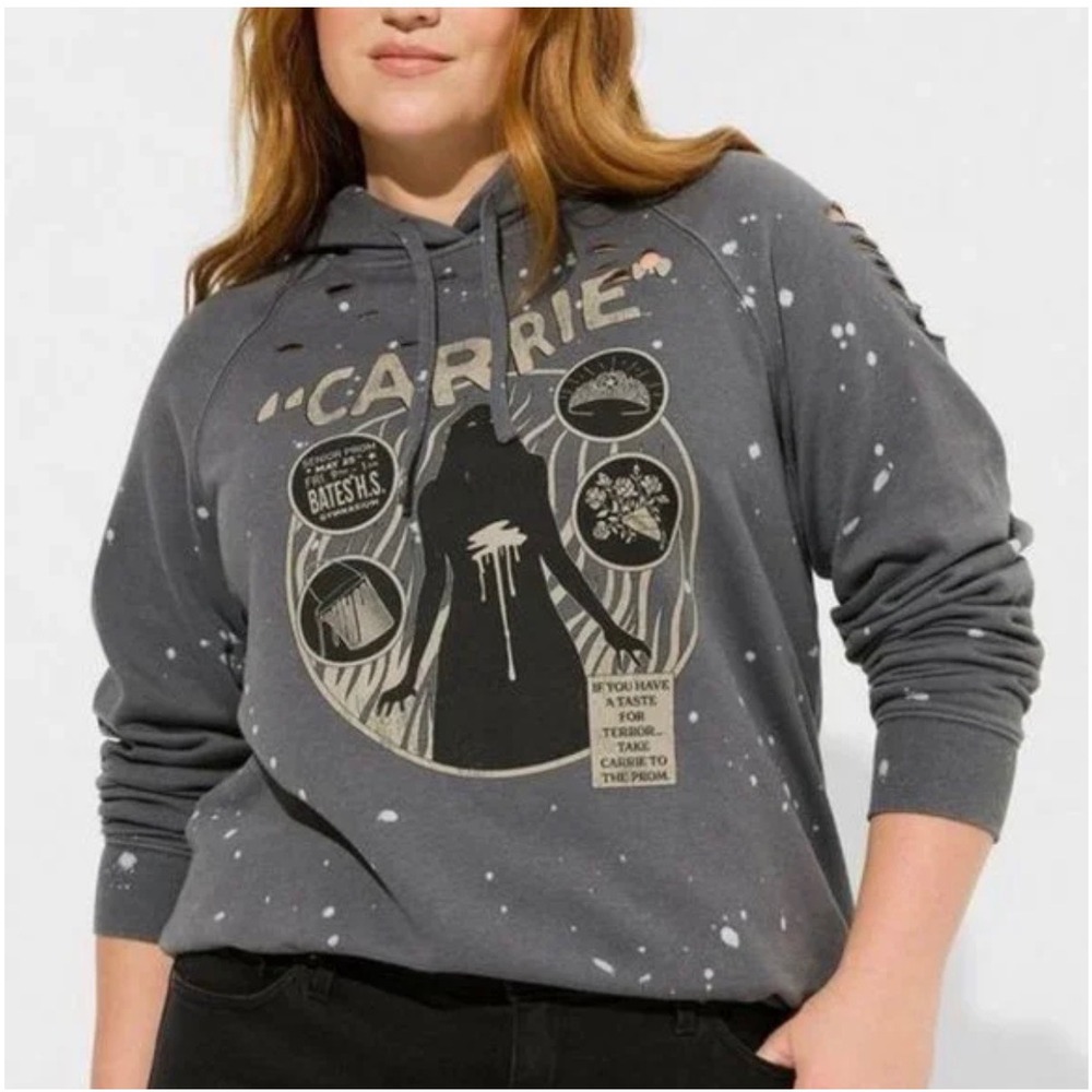 Carrie Movie Graphic Hoodie Goodie Two Sleeves Bleach Splatter Distressed Gray 2